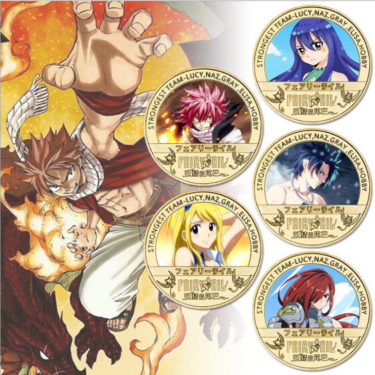 fairy tail anime Commemorative Coin Collect Badge Lucky Coin Decision Coin a set of 5