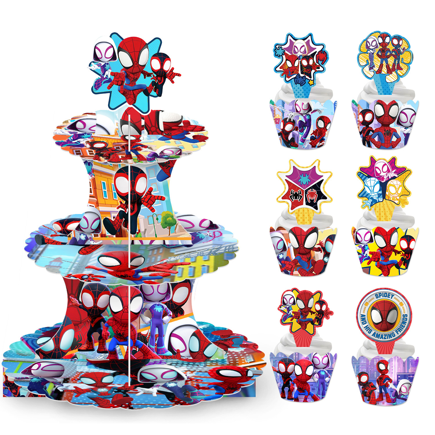 spider man anime cupcake stand+ tapcoke wroppers+small plug10 pcs