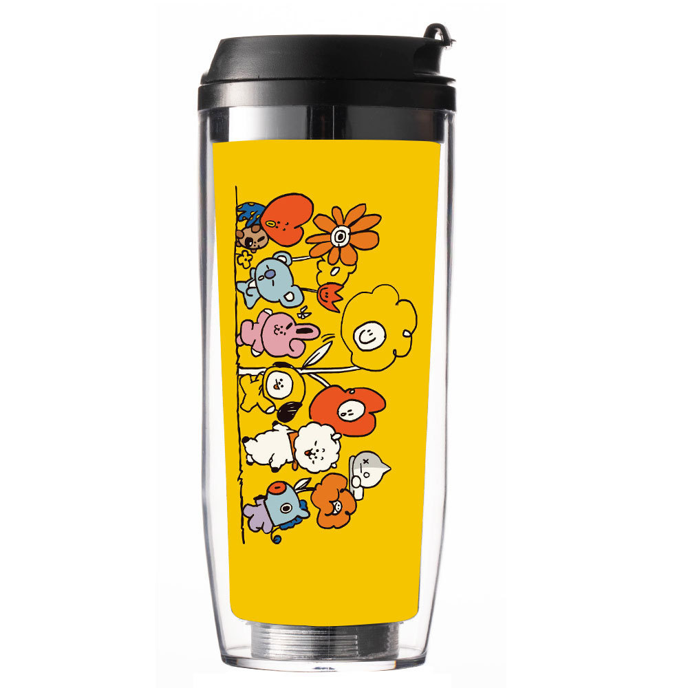 BTS anime double layer plastic straw cup